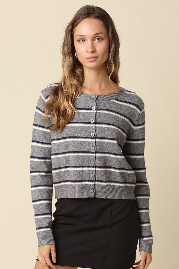 Olivaceous Anella Stripe Knit Cardi in Grey Navy Cream, front view