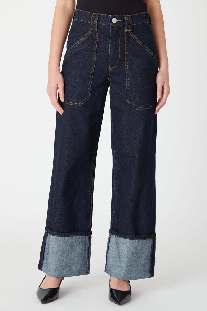 wide leg jeans, cuffed denim, dark wash jeans, high rise denim, statement jeans, Whim denim, women’s wide leg pants, trendy denim, indigo jeans, structured denim