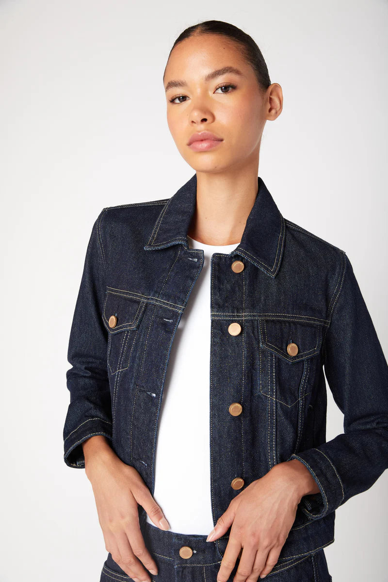 denim jacket, dark wash jacket, classic jean jacket, women’s denim layer, timeless outerwear, structured denim jacket, everyday denim, cropped jean jacket, fall layering piece, dark indigo jacket
