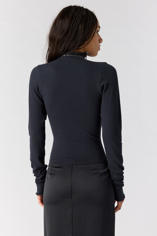 Free People So Soft Seamless Mock Neck in Black, back view