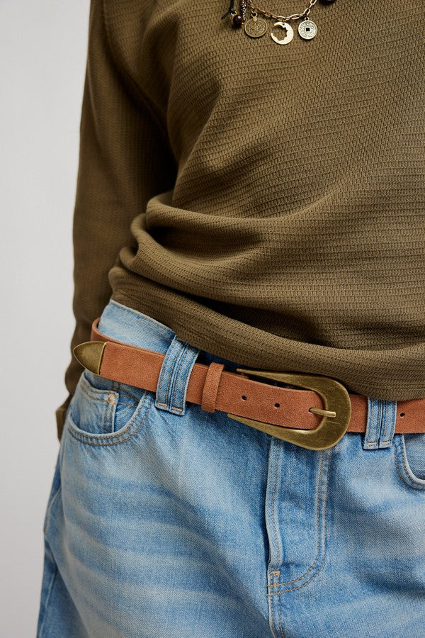 Free People Cannon Suede Belt in Cognac, detail on model