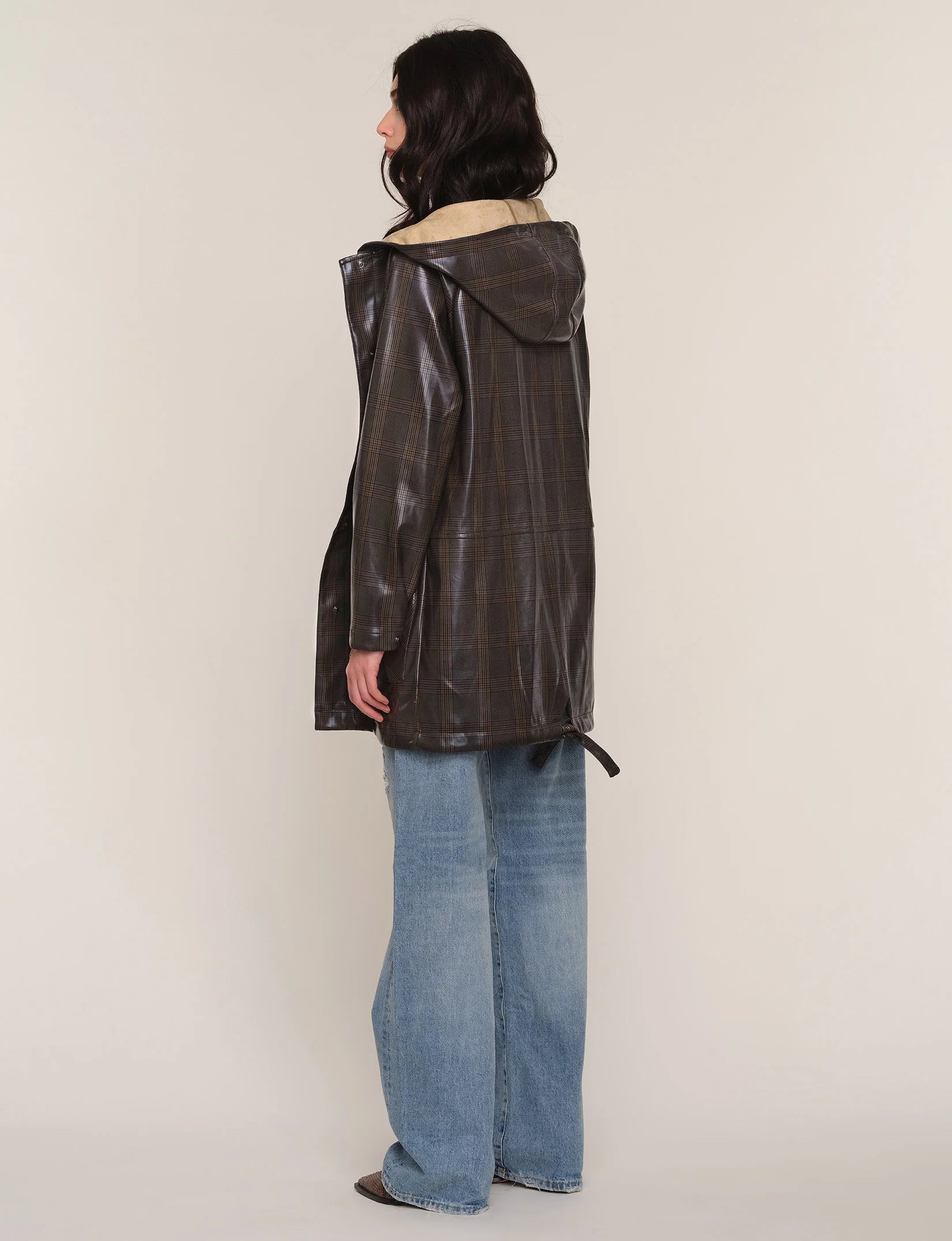Back view of the Heartloom Sergi Raincoat in dark plaid.