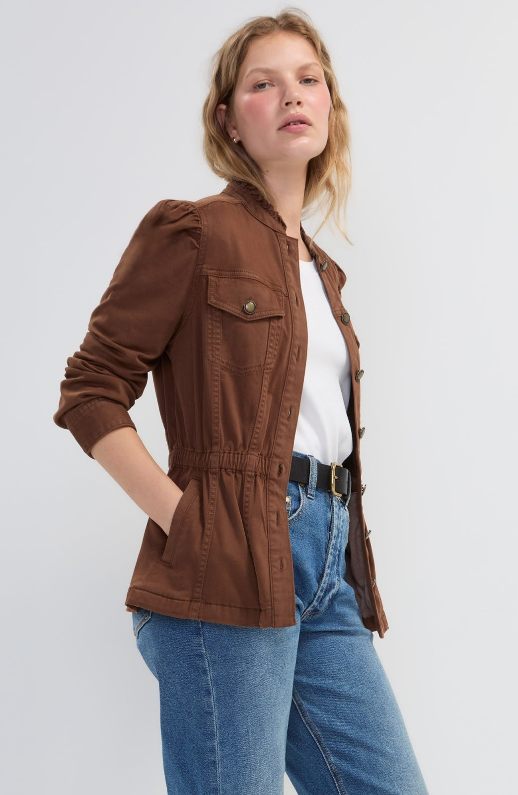 Liverpool Puff Sleeve Trucker Jacket with Ruffle Collar in Carob Brown, side view