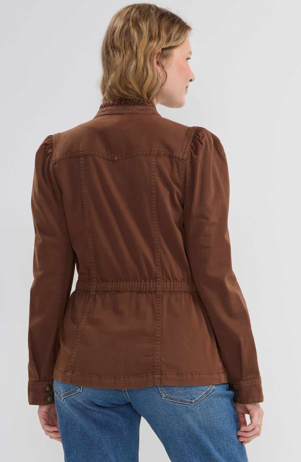 Liverpool Puff Sleeve Trucker Jacket with Ruffle Collar in Carob Brown, model back view