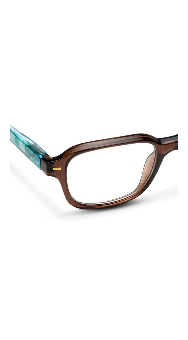 Peepers Fable Reading Glasses in Mocha Turquoise Quartz, hinge detail
