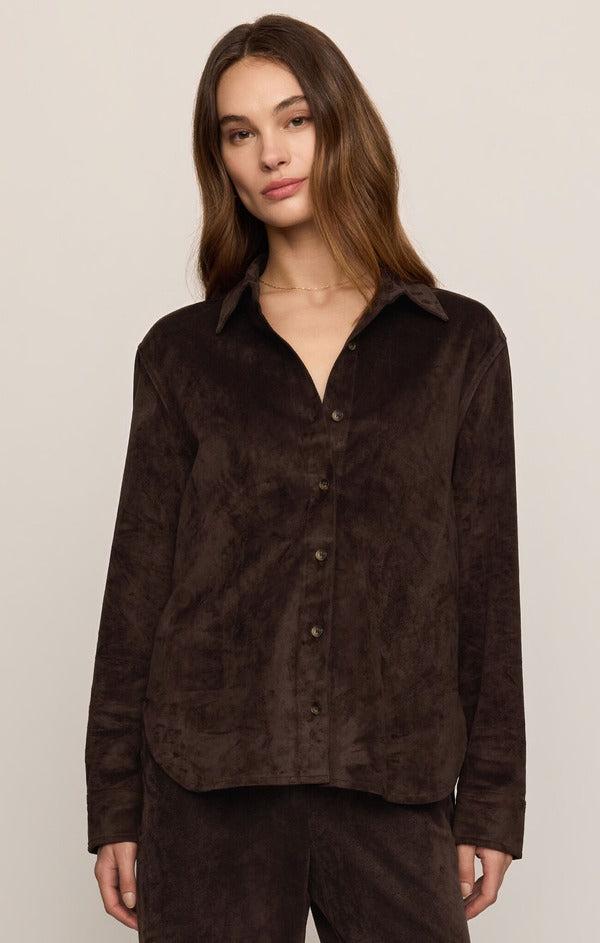 Z Supply Maren Suede Shirt in Dark Roast, front view