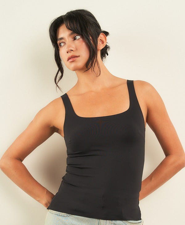 Curds & Whey Square Neck Tank Top in Black, front view