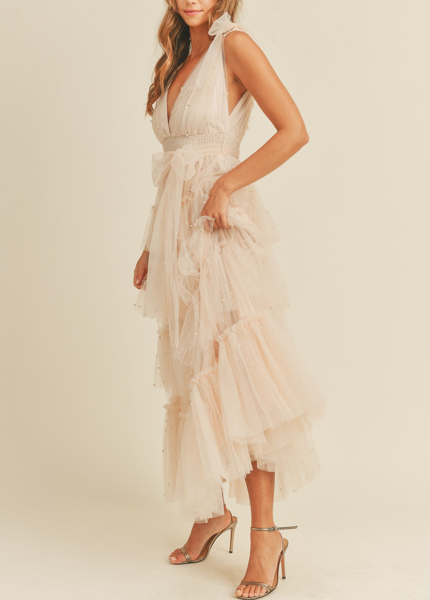 Pearl Mesh Tiered Maxi Dress