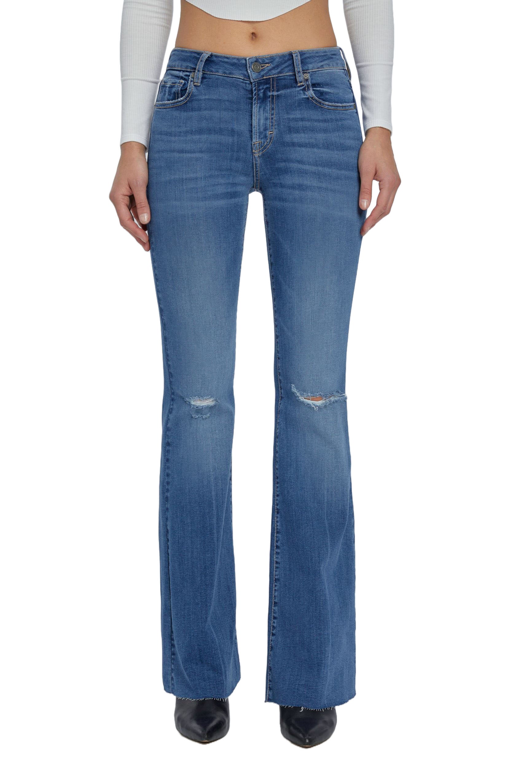 Hidden Happi Distressed Flare Medium Dark. These low rise stretch flare jeans feature subtle distressing at the knee and a medium wash, they pair perfect with any top, tee or sweater in your closet.