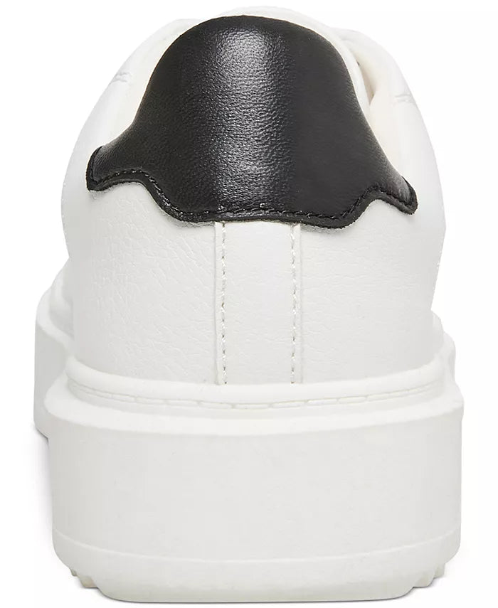 Steve Madden Charlie Sneaker White. A contrast accent at the counter interrupts the clean monochrome look of a street-chic sneaker elevated by a platform sole, perfect for everyday wear.