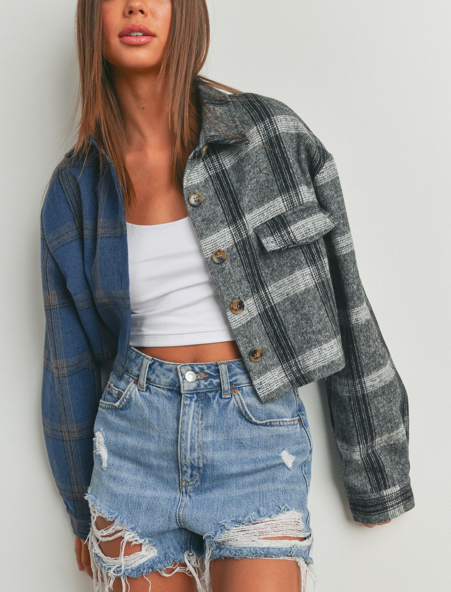 Color Block Plaid Crop Jacket