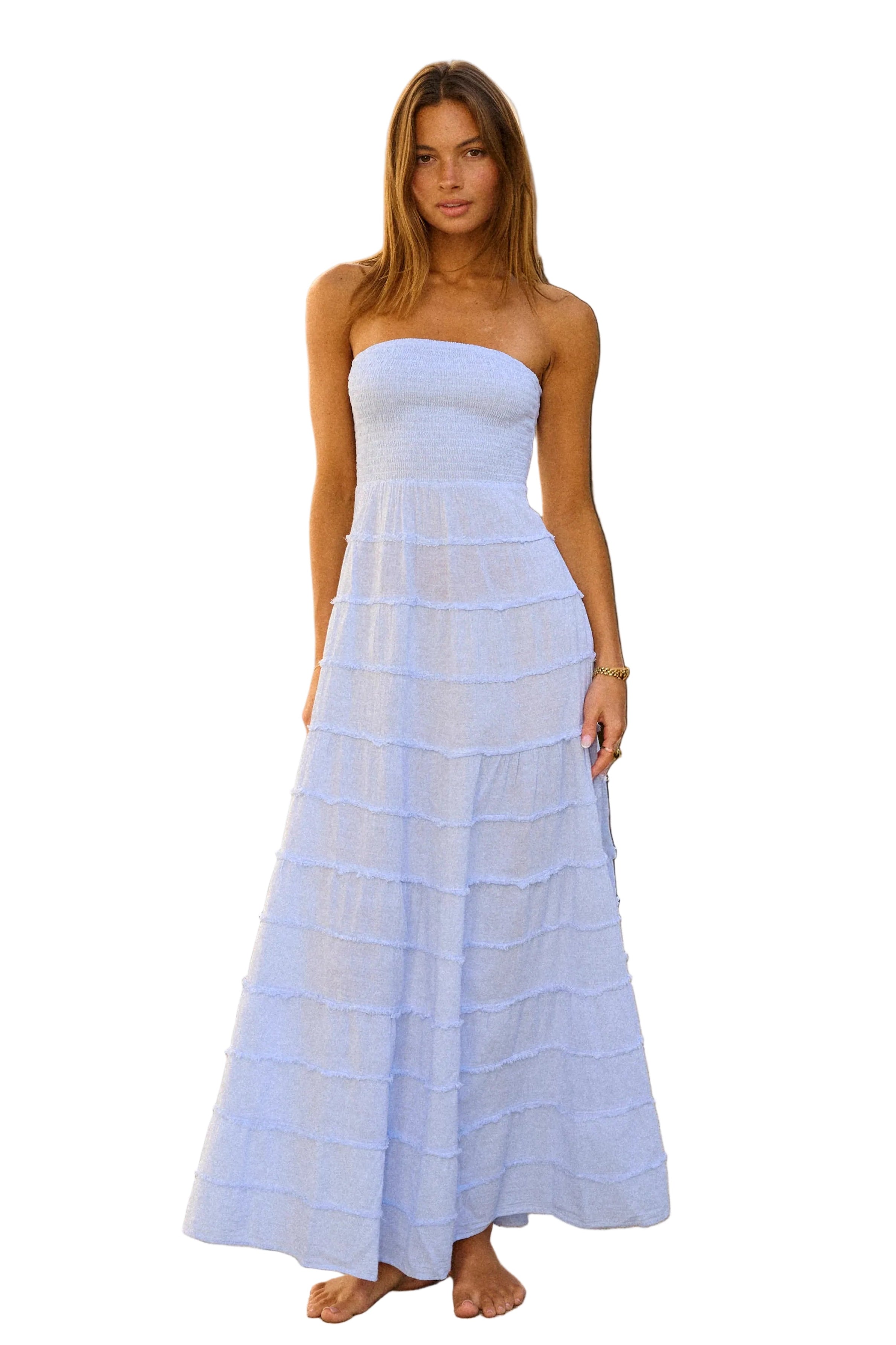 strapless maxi dress, women’s maxi dress, smocked maxi dress, tiered maxi dress, boutique women’s dresses, vacation maxi dress, wedding guest dress, summer occasion dress, flowy maxi dress, elegant women’s dress