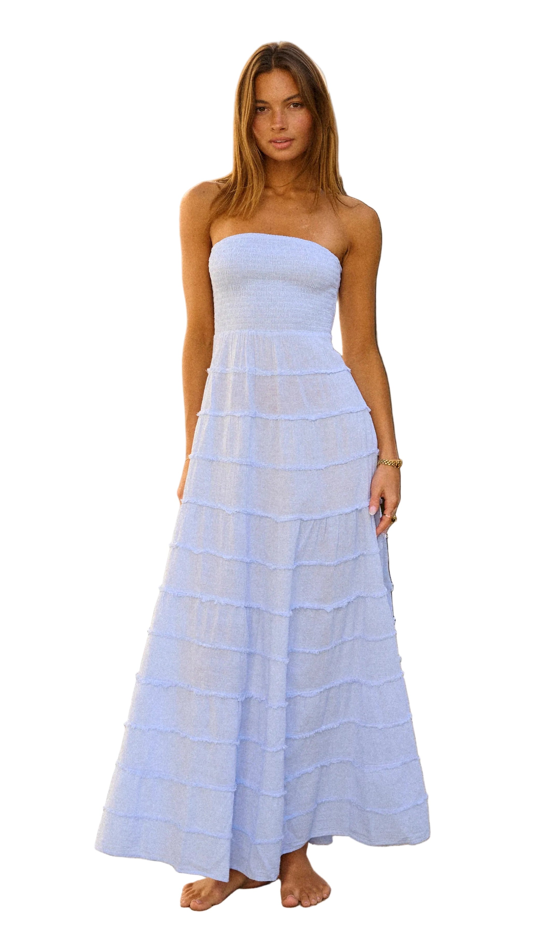 strapless maxi dress, women’s maxi dress, smocked maxi dress, tiered maxi dress, boutique women’s dresses, vacation maxi dress, wedding guest dress, summer occasion dress, flowy maxi dress, elegant women’s dress