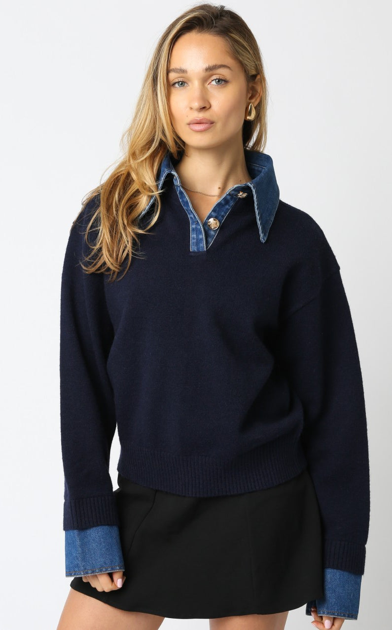 layered sweater, navy denim collar sweater, denim trim pullover, preppy layered knit, fall sweaters for women, collared sweater, casual chic sweater, navy pullover, elevated basics, trendy fall
