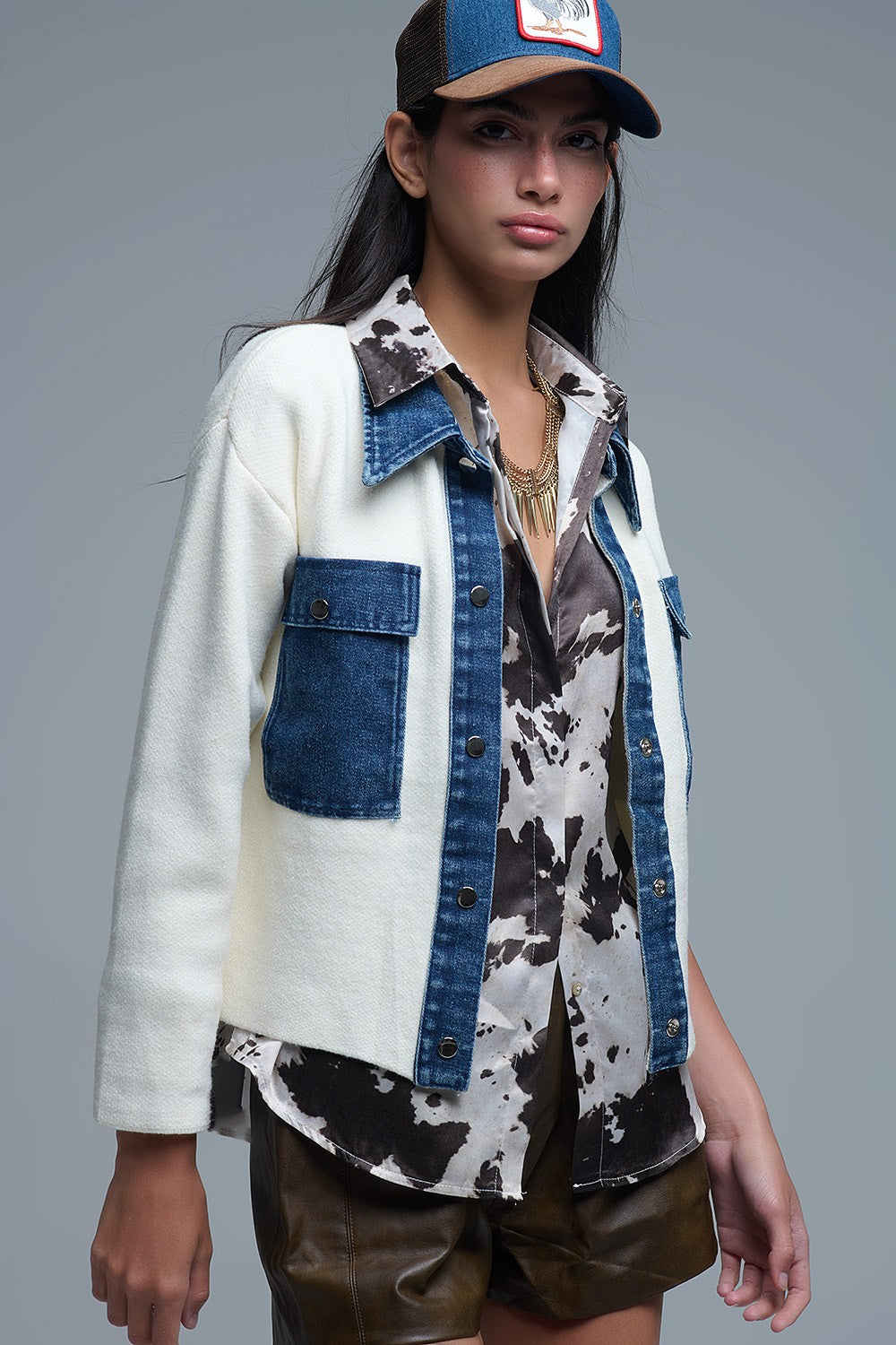 denim trim sweater, contrast sweater jacket, button front cardigan, women’s fall fashion, trendy outerwear, casual chic sweater, Whim boutique style, statement layering piece, mixed fabric knit, modern wardrobe essential