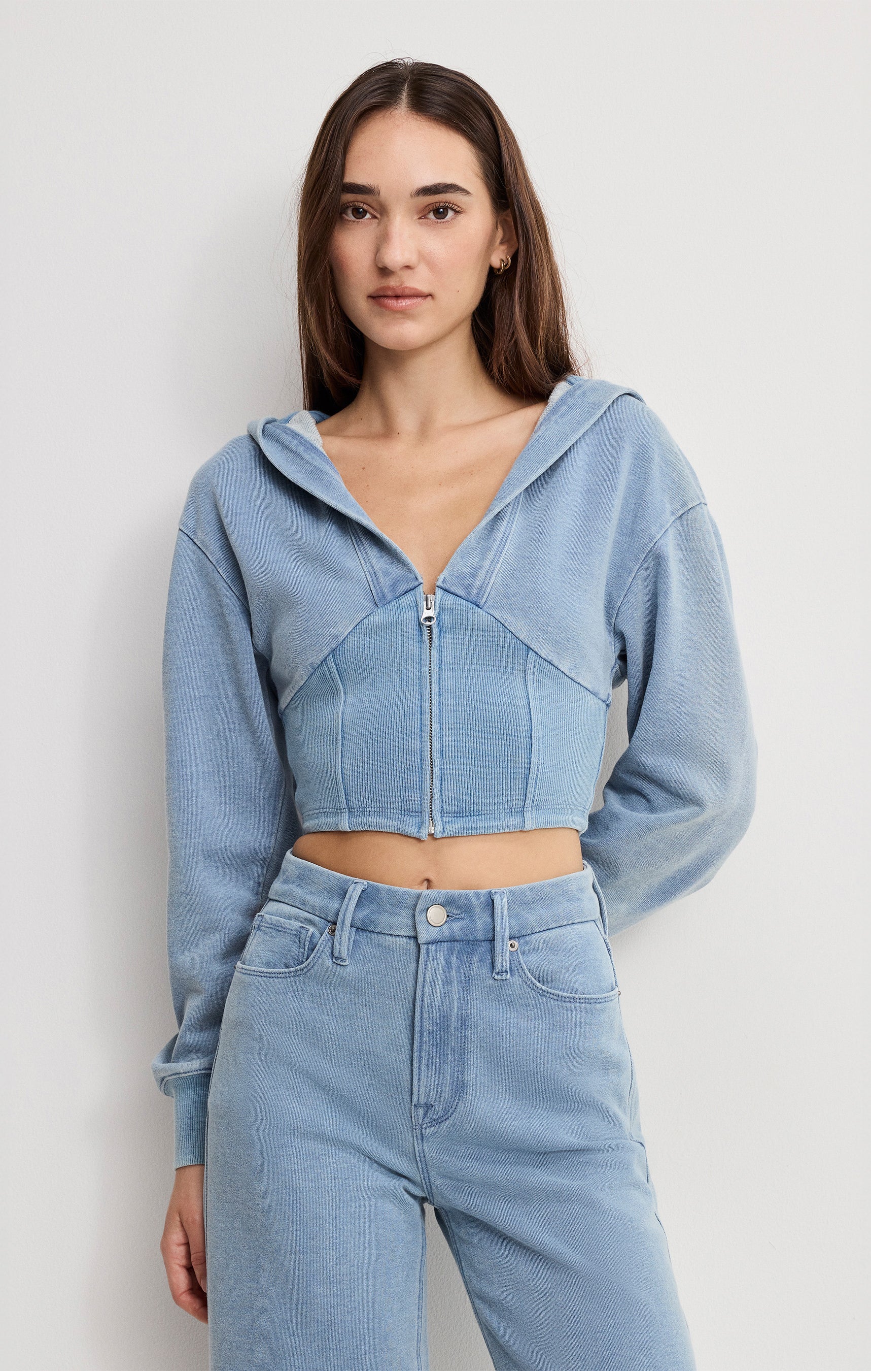 cropped zip hoodie, knit denim look top, women’s cropped hoodie, matching set top, fitted zip hoodie, boutique loungewear top, elevated lounge set