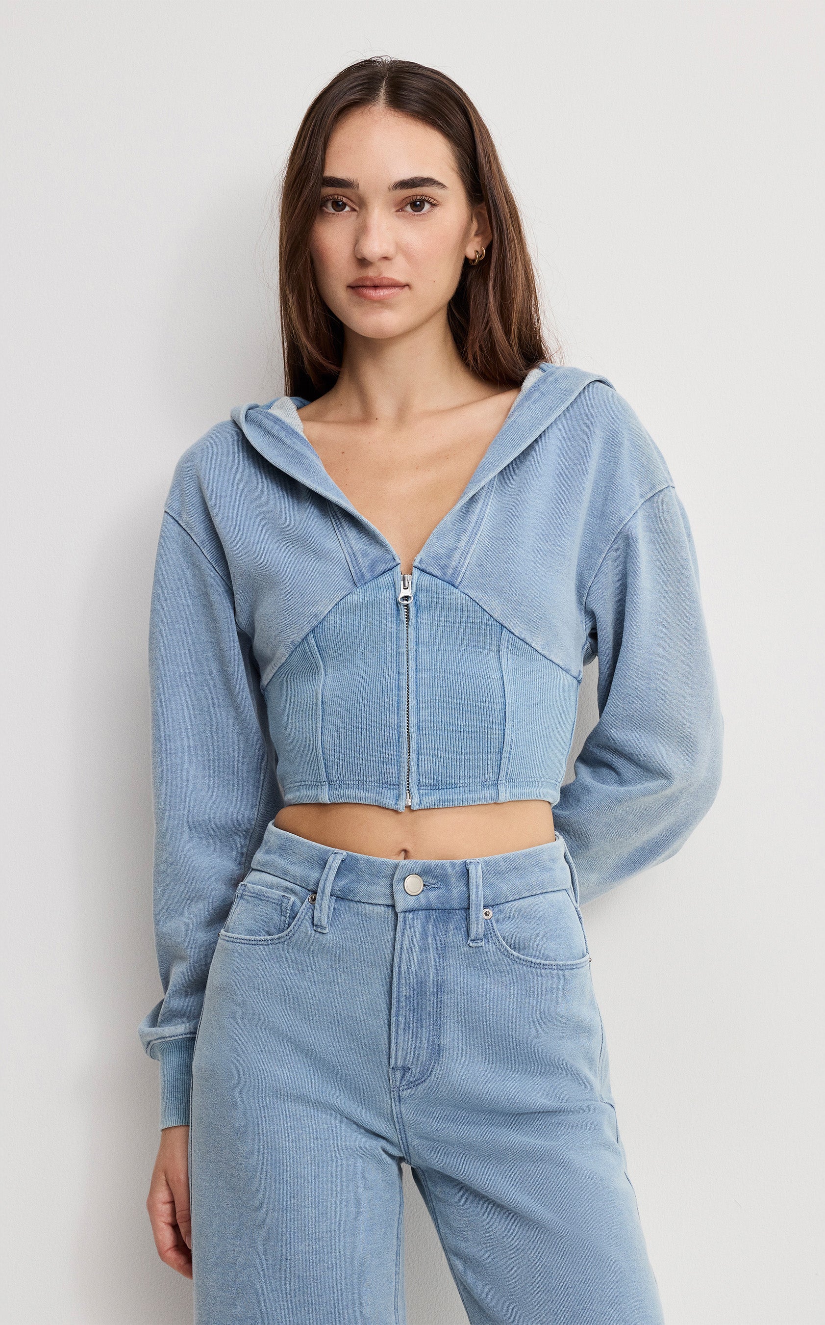 cropped zip hoodie, knit denim look top, women’s cropped hoodie, matching set top, fitted zip hoodie, boutique loungewear top, elevated lounge set