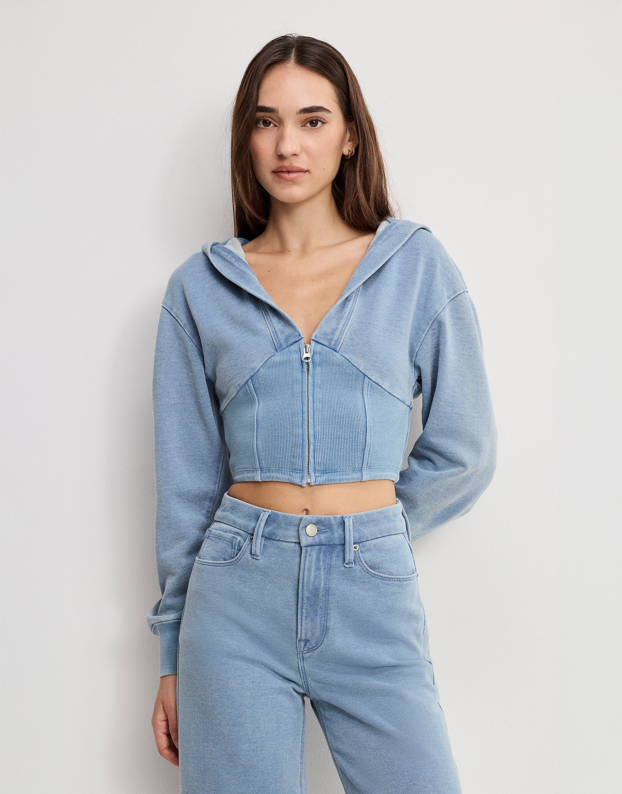 cropped zip hoodie, knit denim look top, women’s cropped hoodie, matching set top, fitted zip hoodie, boutique loungewear top, elevated lounge set