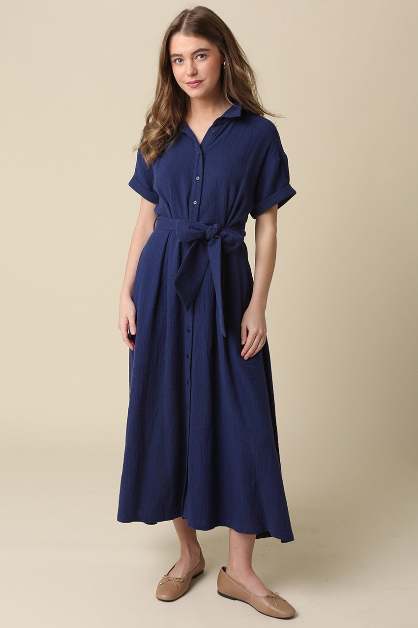 button front midi dress, belted midi dress, shirt midi dress, casual midi dress, everyday midi dress, tie waist dress, classic shirt dress, relaxed midi dress