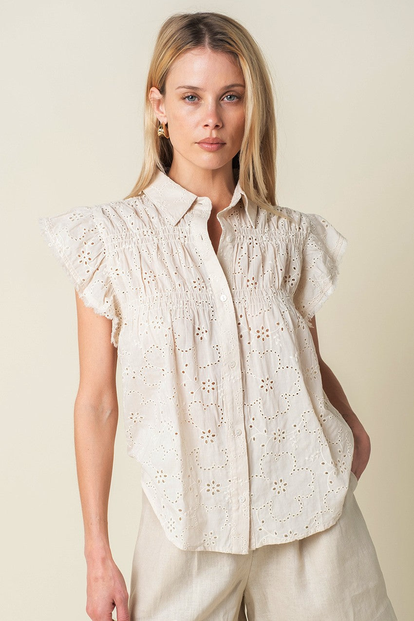 women’s eyelet blouse, eyelet embroidered top, flutter sleeve blouse, feminine blouse, button front blouse, embroidered blouse, summer blouse, lightweight blouse, romantic blouse, women’s eyelet top, casual chic blouse, boutique blouse, airy summer top, women’s embroidered top, everyday blouse