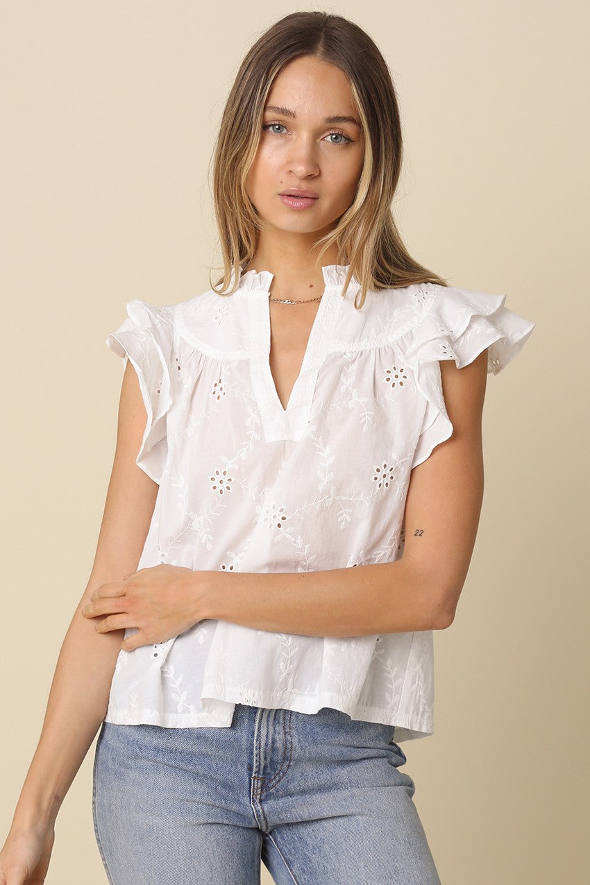 women’s embroidered blouse, flutter sleeve blouse, embroidered top, feminine blouse, split neck blouse, lightweight blouse, summer blouse, casual chic blouse, romantic blouse, women’s embroidered top, boutique blouse, airy summer top, everyday blouse, women’s flutter sleeve top, boho chic blouse