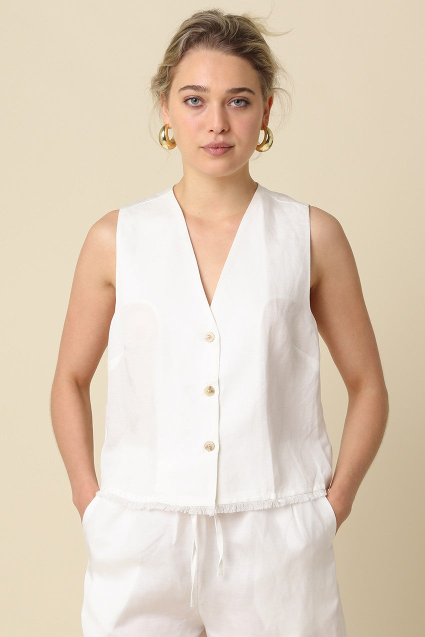 sleeveless button front top, women's sleeveless blouse, lightweight summer top, v neck sleeveless top, casual chic blouse, women's everyday top, minimalist sleeveless top, relaxed fit blouse, breathable summer blouse, women's modern basics, effortless everyday top, elevated casual top, button front blouse, women's versatile top, chic layering blouse