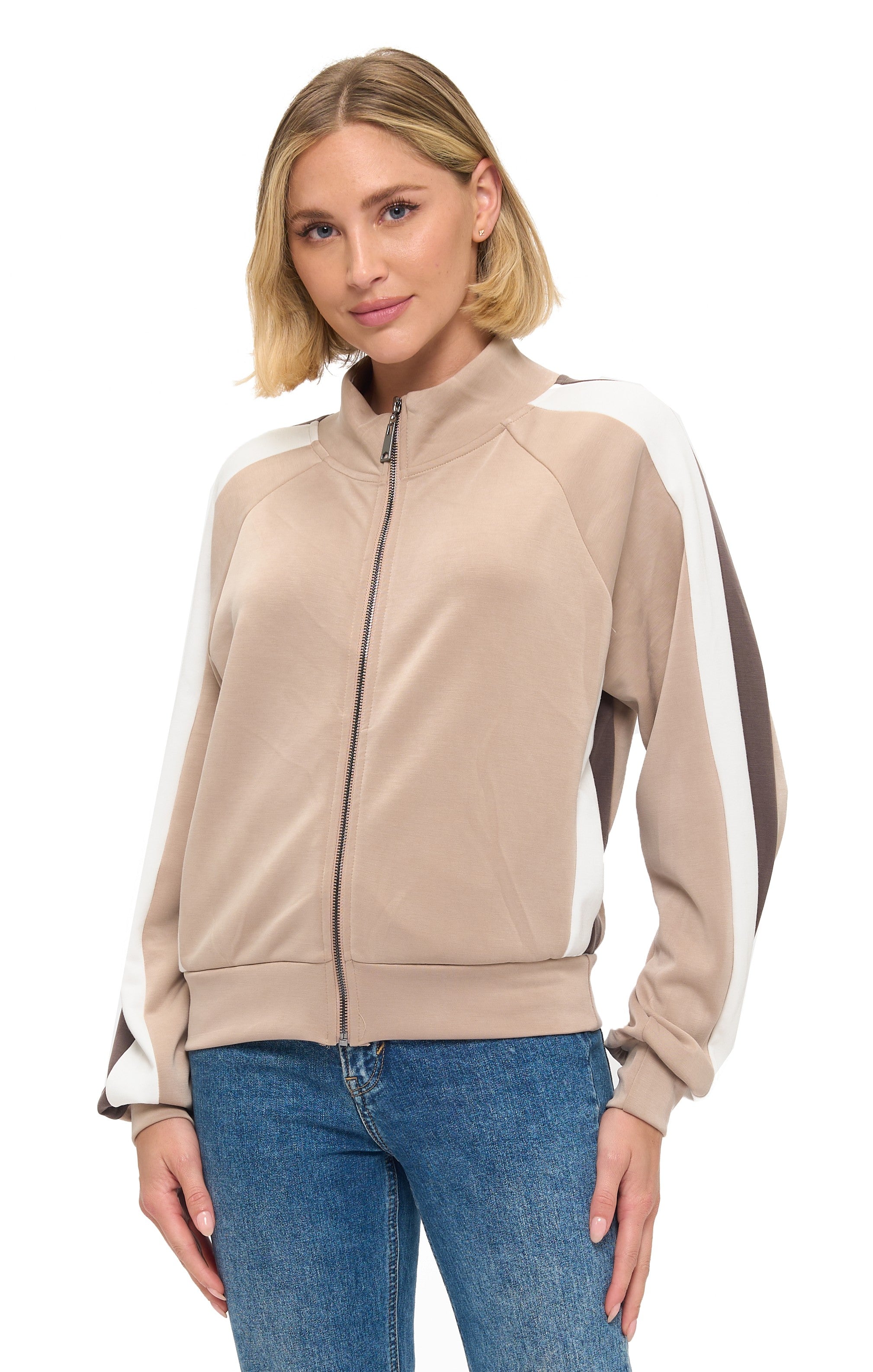 Women’s zip-up track jacket with a mock neckline, contrast sleeve stripes, and banded trim.