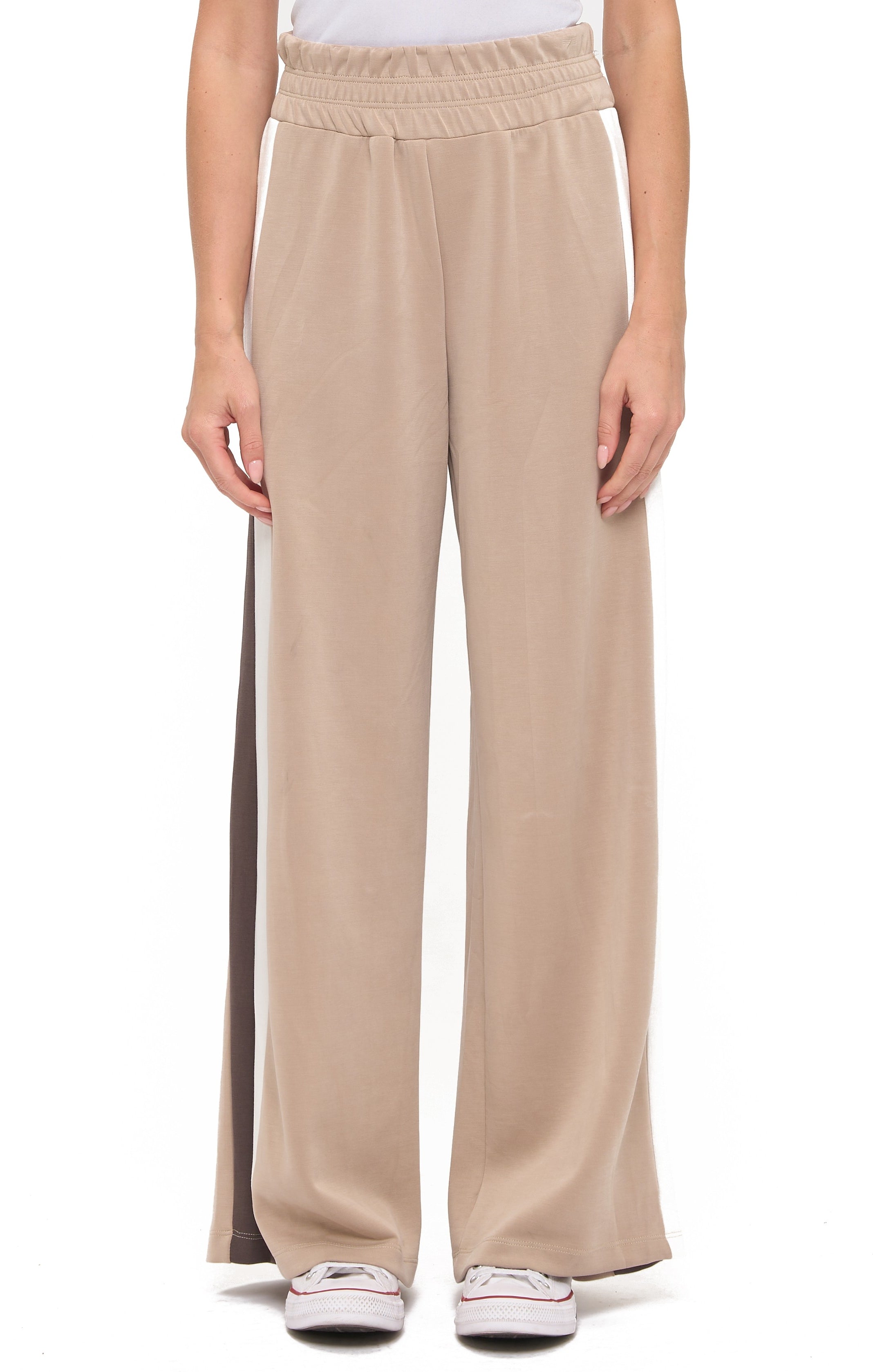Women’s high-rise wide-leg track pants with an elastic waistband and contrast side stripes.