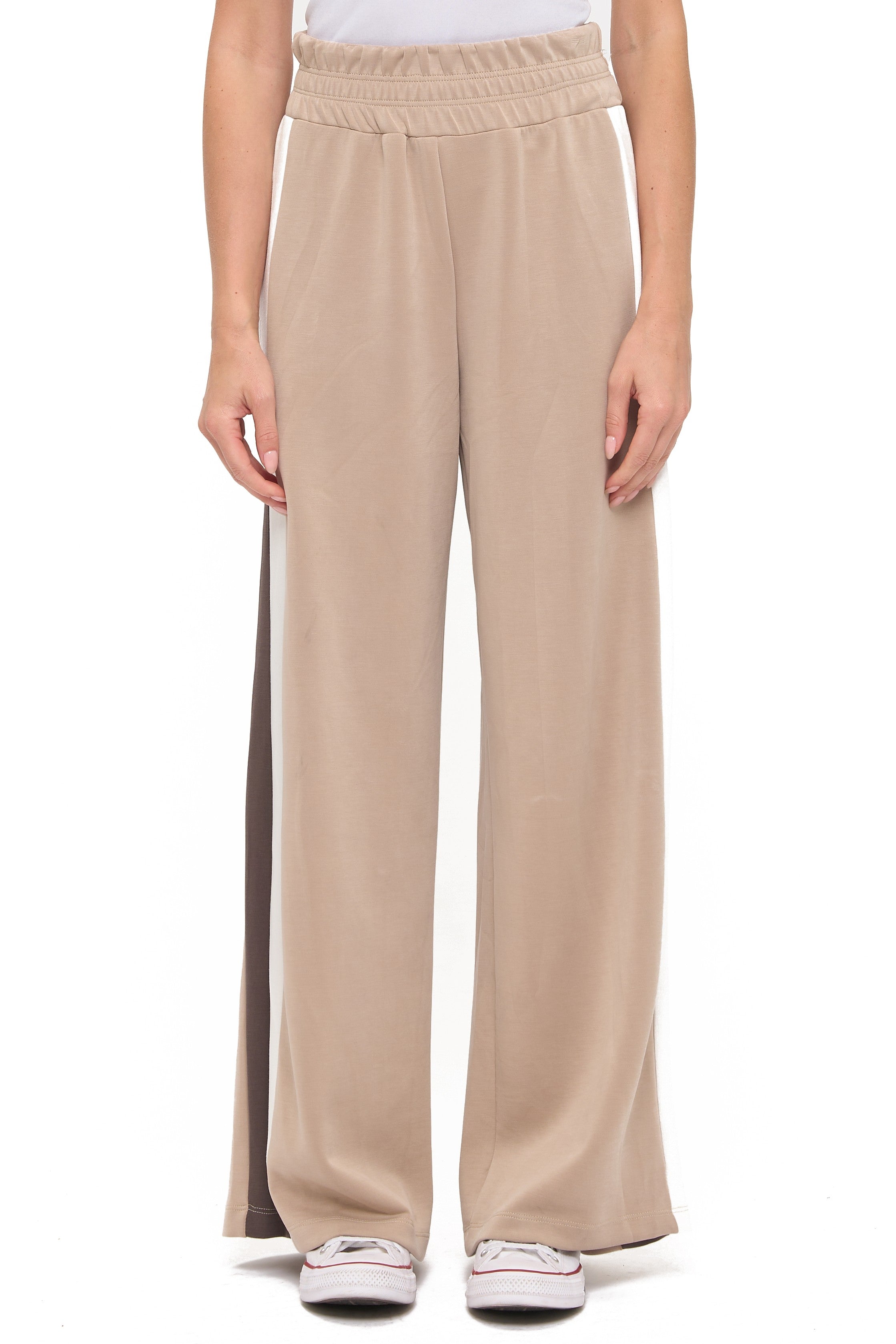 Women’s high-rise wide-leg track pants with an elastic waistband and contrast side stripes.