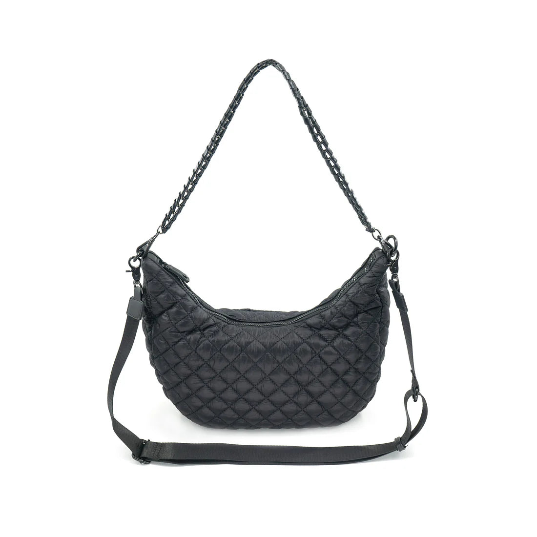 Quilted Shoulder Bag Black. This lightweight quilted nylon bag features a half moon shape with a zip close top and two removable straps that allow for it to be worn as a crossbody or shoulder bag.