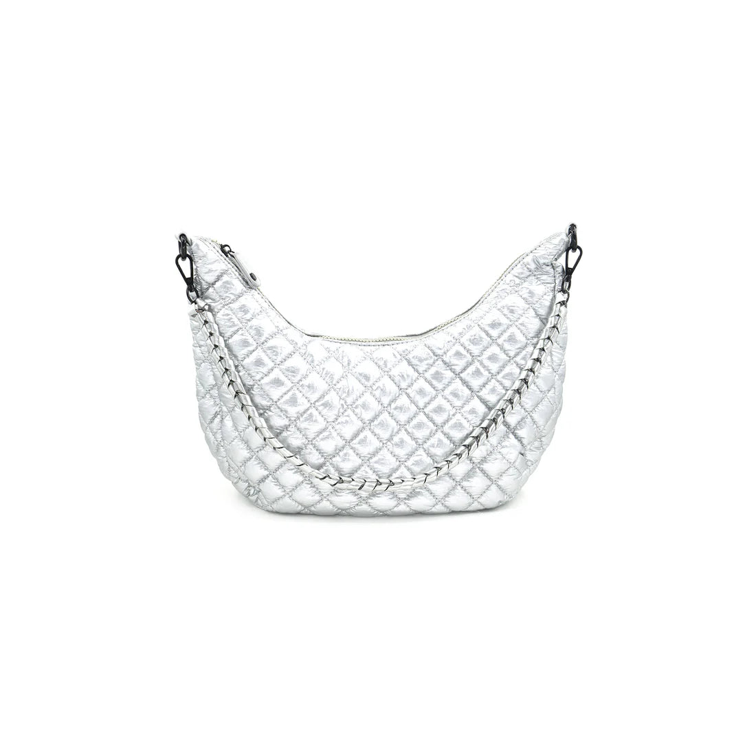 Quilted Shoulder Bag Silver. This lightweight quilted nylon bag features a half moon shape with a zip close top and two removable straps that allow for it to be worn as a crossbody or shoulder bag.