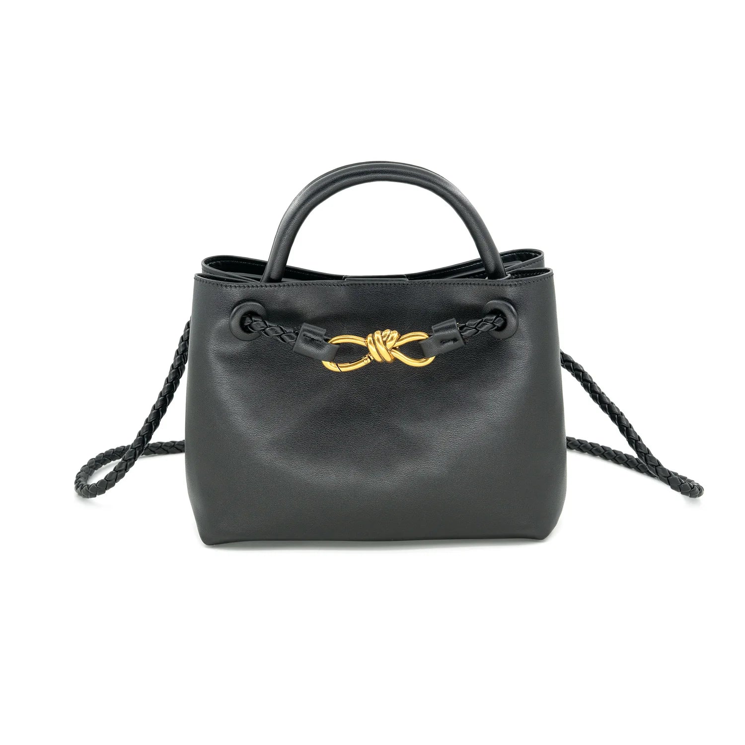 Smooth black faux leather finish
Braided handles and detachable crossbody strap
Gold knot hardware accent for a luxe touch
Structured design with roomy interior
Versatile for work, travel, or everyday wea