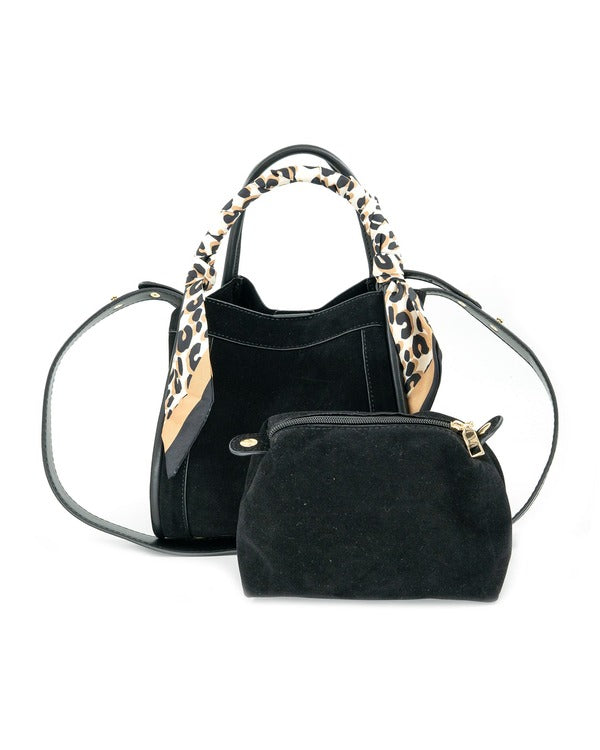 BC Handbags Gianna Scarf Accent Mini Bag in Black, front view with strap and pouch