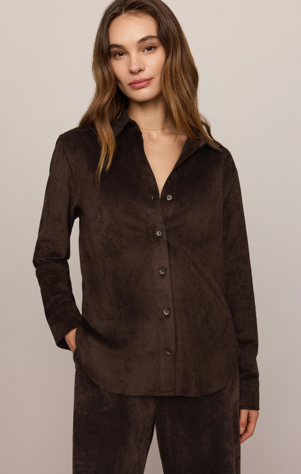 Z Supply Maren Suede Shirt in Dark Roast, front three-quarter view