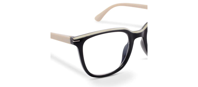 Dante Glasses Black Taupe. Do your thing in Dante and let the soft square shape emphasize your eyes. Flashy and fashionable touches like metal wraparound pins and a unique color accent across the top complete the timeless look.