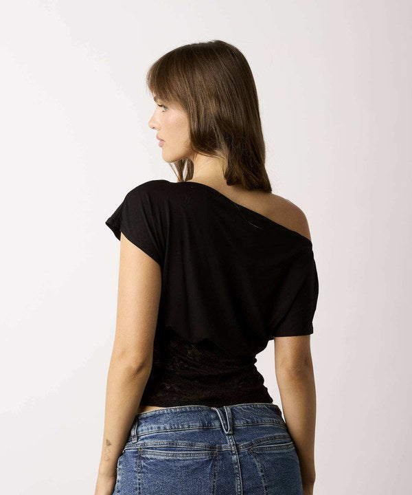 Beautiful Chaos Off The Shoulder Lace Top in Black, back view