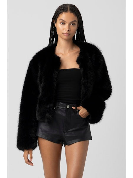 black faux fur jacket, cropped fur coat, faux fur bomber, evening jacket, chic winter jacket, glam outerwear, statement black coat, soft fur jacket, dressy layering piece, holiday party outfit