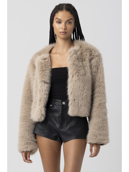 taupr faux fur jacket, cropped fur coat, faux fur bomber, evening jacket, chic winter jacket, glam outerwear, statement black coat, soft fur jacket, dressy layering piece, holiday party outfit