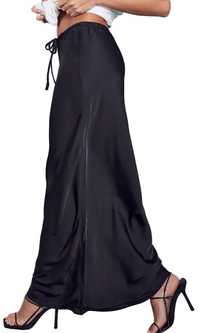 High waist satin drawstring maxi skirt