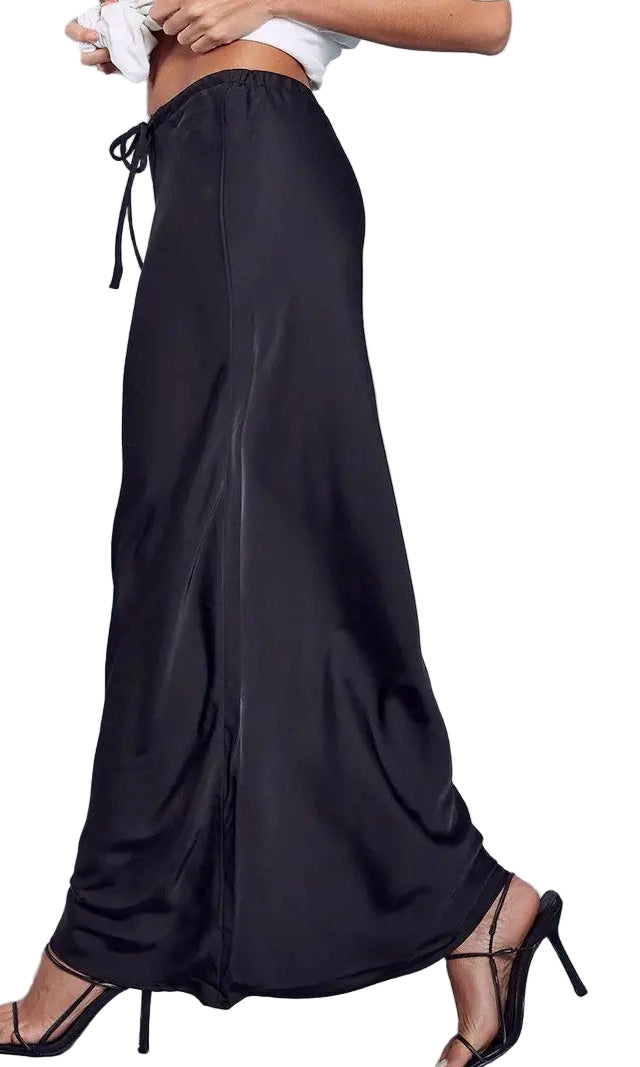 High waist satin drawstring maxi skirt