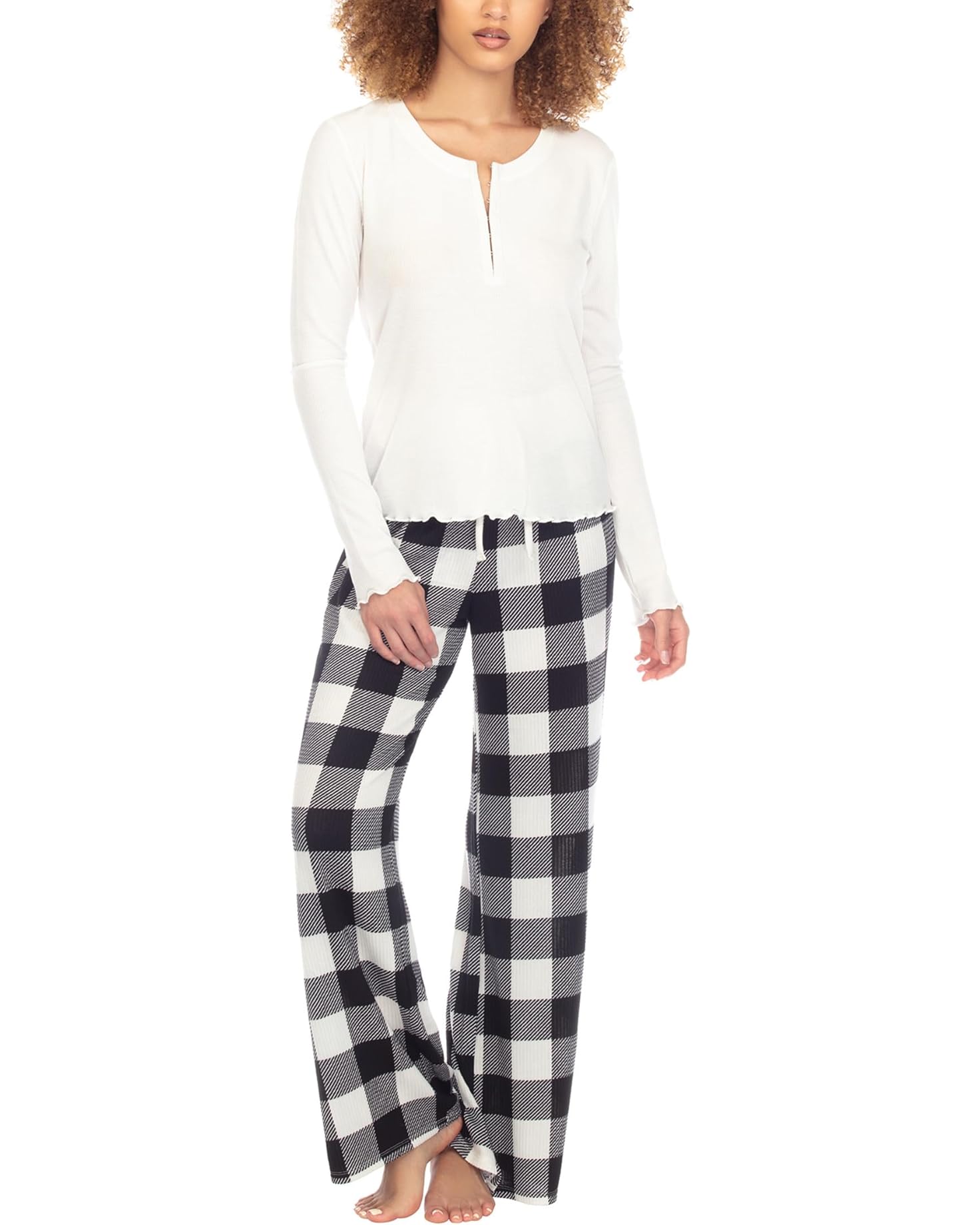 Honeydew Snowed In PJ Set Ivory Plaid. Sleep sweetly in waffle-knit pajamas featuring a lettuce-edge top paired with matching plaid pants for the ultimate cozy and comfortable look and feel.