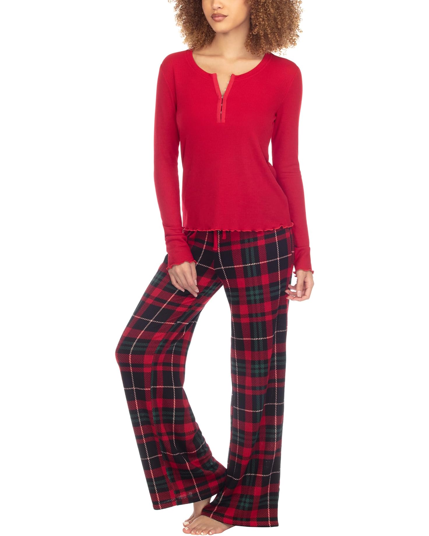 Honeydew Snowed In PJ Set Merry Plaid. Sleep sweetly in waffle-knit pajamas featuring a lettuce-edge top paired with matching plaid pants for the ultimate cozy and comfortable look and feel.