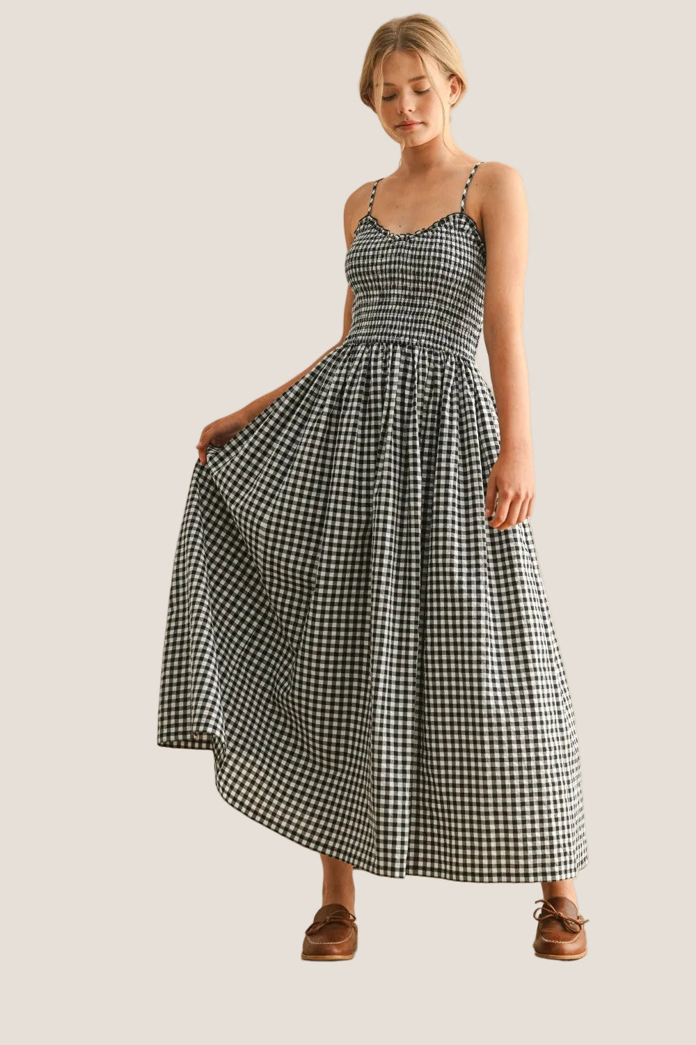 gingham midi dress, smocked midi dress, spaghetti strap dress, casual midi dress, everyday dress, twirl dress, feminine midi dress, boutique dress, summer midi dress, vacation dress, brunch outfit, flowy midi dress, comfortable midi dress, warm weather dress