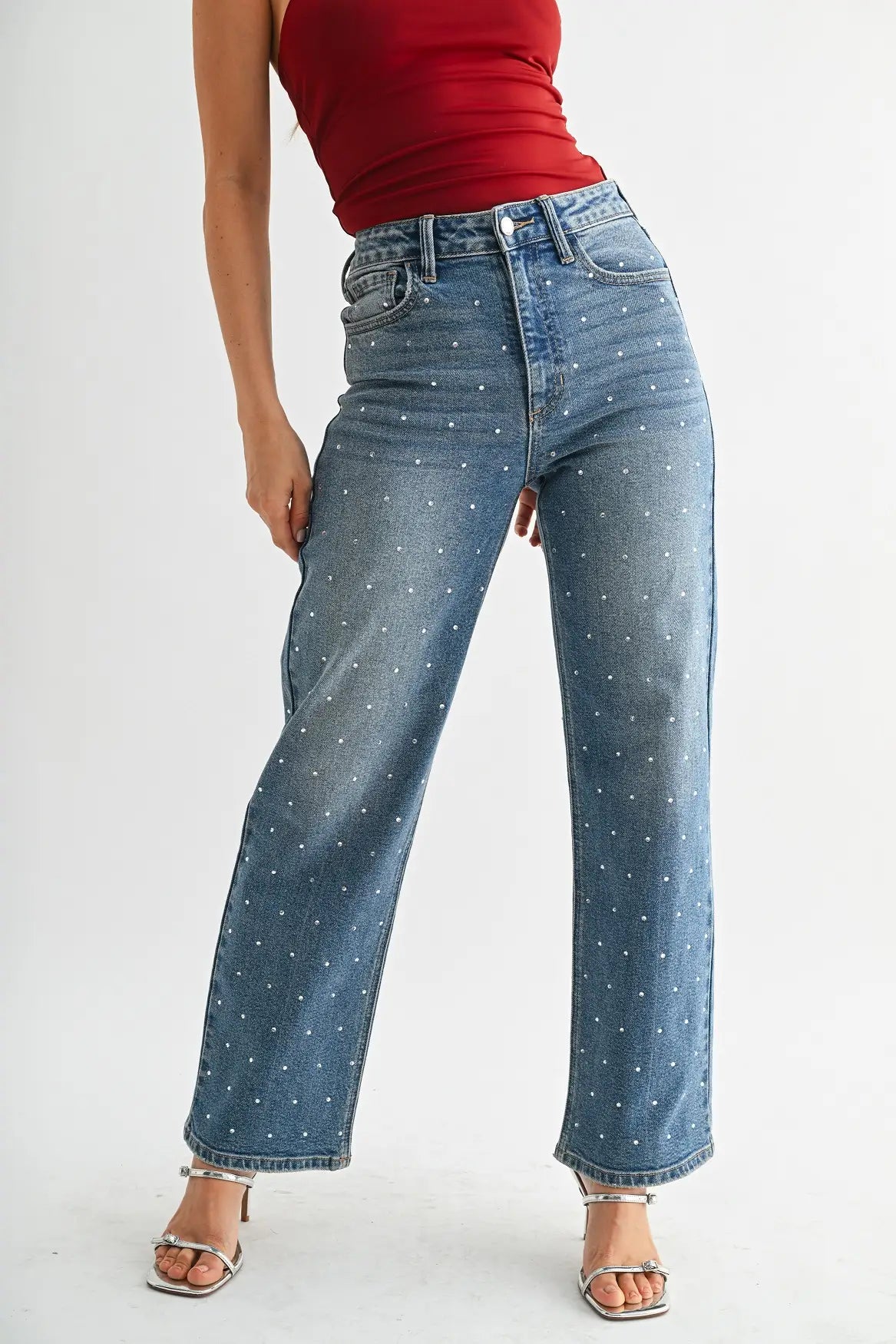 rhinestone jeans, embellished denim, studded jeans women, sparkly jeans, high rise straight leg jeans, crystal detail jeans, glam denim outfit, holiday jeans women, statement jeans, dressy casual jeans, embellished straight jeans, rhinestone detail denim, sparkle jeans outfit idea