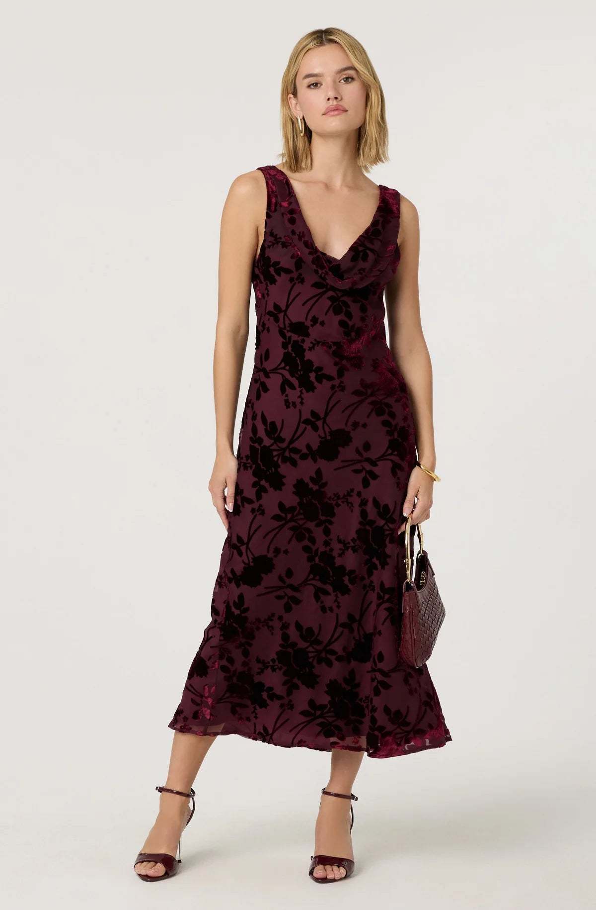 velvet burnout dress, burgundy velvet dress, cowl neck midi dress, wine party dress, floral velvet dress, holiday event dress, winter wedding guest outfit, evening midi dress, romantic velvet dress, luxe occasionwear