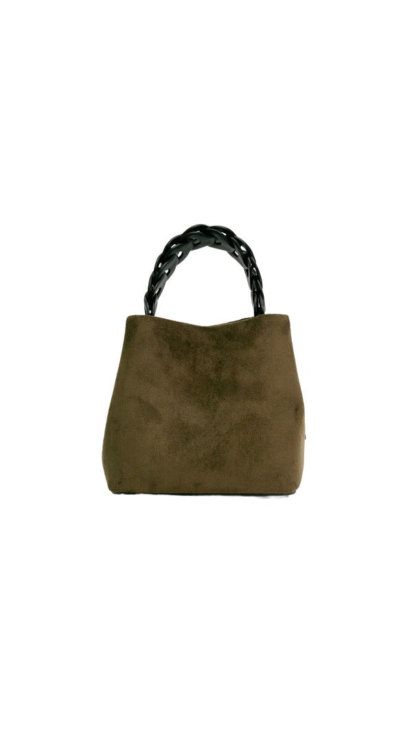 Alexa Koi Woven Handle Suede Mini Bag in Olive, front view