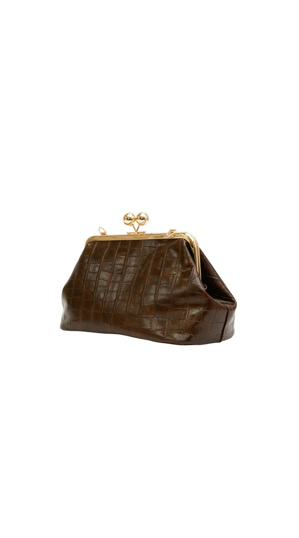 Alexa Koi Elongated Croc Clutch in Dark Brown, detail view