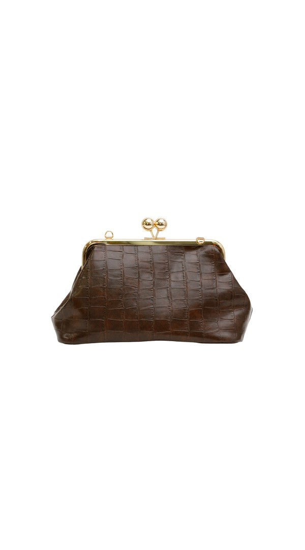 Alexa Koi Elongated Croc Clutch in Dark Brown, front view