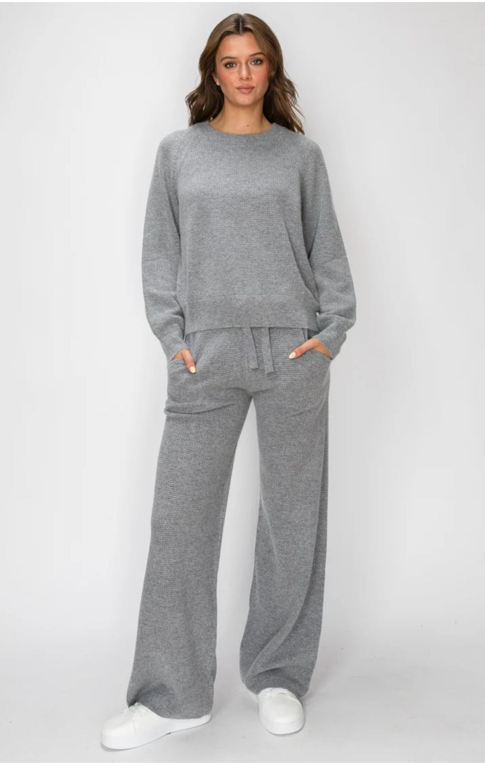 Women's grey Angora Cashmere Waffle Pullover with crew neckline, long sleeves, relaxed fit, and subtle textured knit