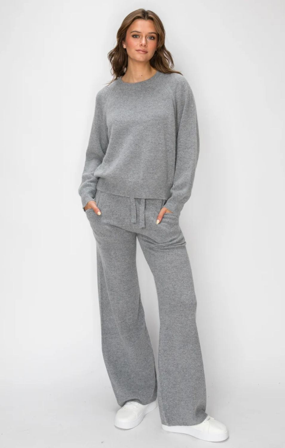 Women's grey Angora Cashmere Waffle Pullover with crew neckline, long sleeves, relaxed fit, and subtle textured knit